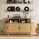 FURSUN 55" Large Round Record Player Stand, Record Storage Cabinet Holds Up 300 Albums with Charging Station & USB Ports, Fluted Modern Turntable Stand for Bedroom, Living Room, Natural Oak