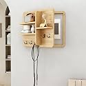 Fuse Box Cover Cabinet, Wall Mounted Fuse Box Cover Cabinet, Wooden with Shelf &amp; Hooks, for Living Room Home Office(Yellow-a,60 * 50cm/23.6 * 19.7in)
