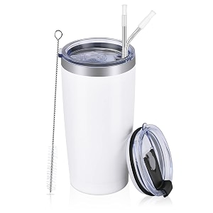 futtumy stainless steel travel tumbler 20 oz tumbler with 2 lids and straws insulated coffee tumbler double wall travel tumbler thermal cup powder coated coffee cup for hot cold drinks white