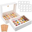 Fuutreo 5 Pack Mini White Cupcake Boxes with Window 16 x 11 x 4 Inches 24 Count Auto Pop up Large Cookie Boxes Cupcake Containers with Thank You Label Stickers for Muffins Pastries Donuts Cookies