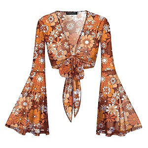 Women Tie Front Bell Sleeve Rave Crop