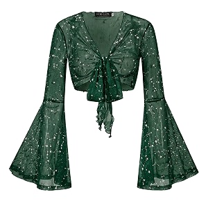Women Tie Front Bell Sleeve Rave Crop