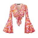 Women Tie Front Bell Sleeve Rave Crop