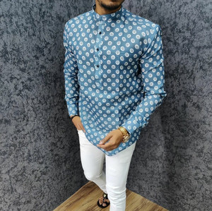 g s creations printed cotton blend straight kurta for men light blue