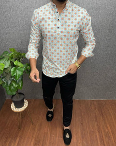 g s creations printed cotton blend straight kurta for men multicolor