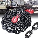 G80 Transport Binder Chain 3/8 Inch x 10 Foot | Tow Chain with Clevis Grab Hooks | 7,100 lbs Safe Working Load | Heavy Duty Chain for Transporting Towing (3/8'' x 10FT (Black))