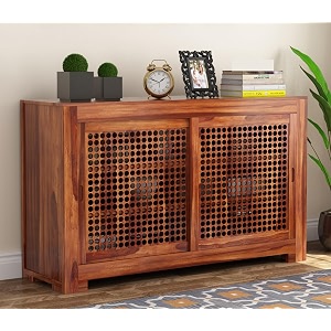 solid sheesham wood 3 shelves 2 door sideboard cabinet  wooden storage cabinet for living room amp bedroom valley honey finish