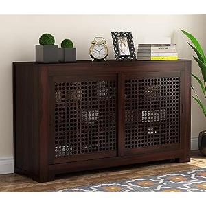 solid sheesham wood 3 shelves 2 door sideboard cabinet  wooden storage cabinet for living room amp bedroom valley walnut finish