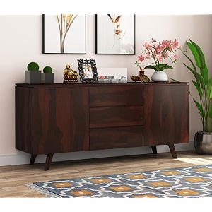 solid sheesham wood 3 drawer 2 door sideboard cabinet  wooden storage cabinet for living room amp bedroom marion walnut finish