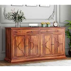 solid sheesham wood sideboard tv cabinet - elegant free-standing movable chest of drawers with 2 drawers amp 4 shelf storag for stylish living room avah honey finish