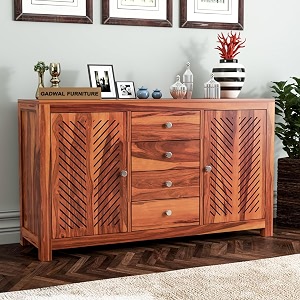 solid sheesham wood sideboard tv cabinet - elegant free-standing movable chest of drawers with 4 drawers amp 4 shelf storag for stylish living room rylan honey finish