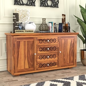 solid sheesham wood sideboard cabinet with 4 drawer 2 door storage cabinet  wooden storage cabinet for living room amp bedroom home jasper honey finish