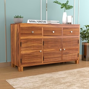 solid sheesham wood wooden sideboard storage cabinet  ideal for living room and bedroom with 3 drawers and 6-shelf storage aiden honey finish