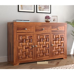 solid sheesham wood sideboard cabinet with 3 drawer 3 door storage cabinet  wooden storage cabinet for living room amp bedroom home homer honey finish