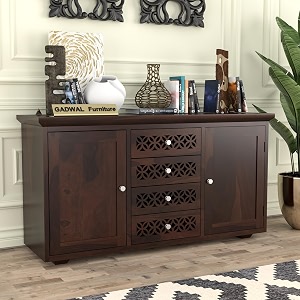 solid sheesham wood sideboard cabinet with 4 drawer 2 door storage cabinet  wooden storage cabinet for living room amp bedroom home jasper walnut finish