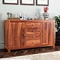 Solid Sheesham Wood Sideboard TV Cabinet - Elegant Free-Standing Movable Chest of Drawers with 4 Drawers &amp; 4 Shelf storag for Stylish Living Room (Rylan, Honey Finish)