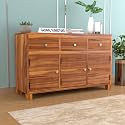 Solid Sheesham Wood Wooden Sideboard Storage Cabinet : Ideal for Living Room and Bedroom with 3 Drawers and 6-Shelf Storage (Aiden, Honey Finish)