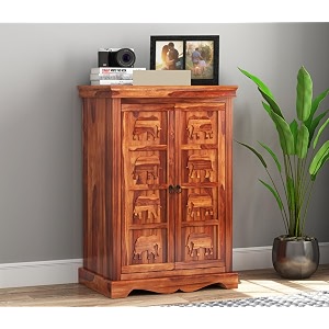 solid sheesham wood storage cabinet with 2 shelves amp 2 door sideboard cabinet  wooden rack cabinet for living room amp bedroom storage troy honey finish