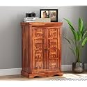 Solid Sheesham Wood Storage Cabinet with 2 Shelves &amp; 2 Door Sideboard Cabinet | Wooden Rack Cabinet for Living Room &amp; Bedroom Storage (Troy, Honey Finish)