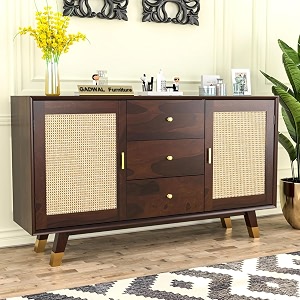 solid sheesham wood wooden sideboard storage cabinet  ideal for living room and bedroom with 3 drawers and 4-shelf storage liam walnut finish
