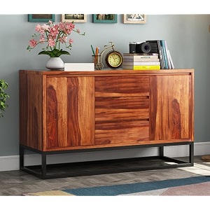 solid sheesham wood wooden cabinet sideboard with 3 drawers and 2-door storage keily honey finish
