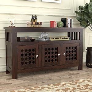 solid sheesham wooden sideboard cabinet with 3 door amp 6 shelves - chest of drawers wooden drawer storage cabinet for bedroom living room storage carla walnut finish