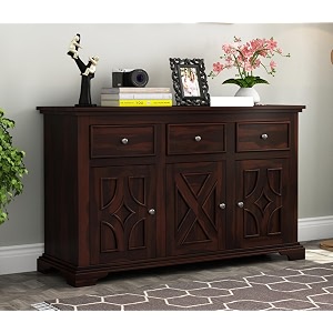 solid sheesham wood wooden sideboard storage cabinet  ideal for living room and bedroom with 3 drawers and 6-shelf storage miles walnut finish