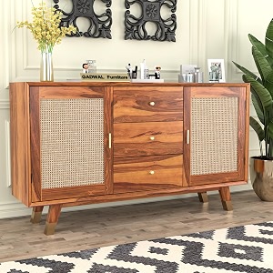 solid sheesham wood wooden sideboard storage cabinet  ideal for living room and bedroom with 3 drawers and 4-shelf storage liam honey finish