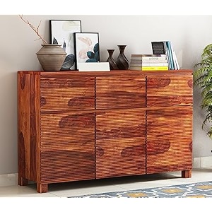 gadwal furniture solid sheesham wood wooden sideboard storage cabinet  ideal for living room and bedroom with 3 drawers and 6-shelf storage alianna honey finish