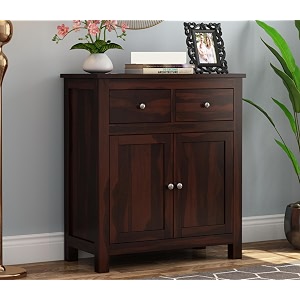 solid sheesham wood wooden sideboard storage cabinet  ideal for living room and bedroom with 2 drawers and 4-shelf storage daniel walnut finish