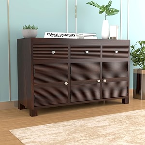 solid sheesham wood wooden sideboard storage cabinet  ideal for living room and bedroom with 3 drawers and 6-shelf storage alianna walnut finish