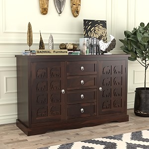 solid sheesham wood wooden sideboard storage cabinet  ideal for living room and bedroom with 4 drawers and 4-shelf storage anthony walnut finish