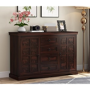 solid sheesham wood wooden storage cabinet with 4 drawers 4 shelves amp 2 door  sideboard cabinet for bedroom living room storage solution  oxnard walnut finish