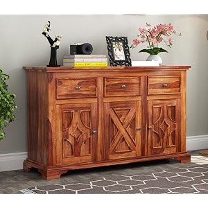 solid sheesham wood wooden sideboard storage cabinet  ideal for living room and bedroom with 3 drawers and 6-shelf storage miles honey finish