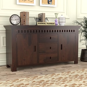 solid sheesham wood wooden sideboard storage cabinet  ideal for living room and bedroom with 3 drawers and 4-shelf storage leo walnut finish