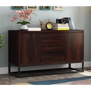 solid sheesham wood wooden cabinet sideboard with 3 drawers and 2-door storage keily walnut finish
