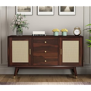 solid sheesham wood wooden storage cabinet with 3 drawers 4 shelves amp 2 door  sideboard cabinet for bedroom living room storage solution  haines walnut finish