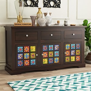solid sheesham wood wooden storage cabinet with 3 drawers 6 shelves amp 3 door  sideboard cabinet for bedroom living room storage solution  fresno walnut finish