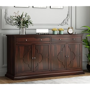solid sheesham wood wooden cabinet sideboard with 2 drawers and 4-door storage chandler walnut finish