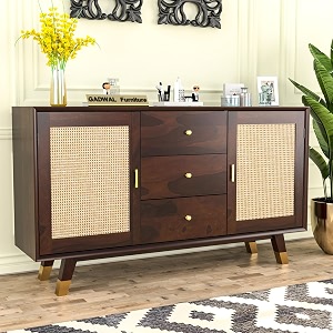 solid sheesham wooden sideboard cabinet with 3 drawer amp 4 shelves - chest of drawers wooden drawer storage cabinet for bedroom living room storage joyce walnut finish