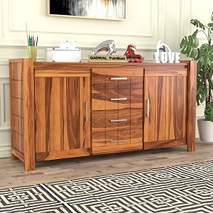 solid sheesham wood wooden sideboard storage cabinet  ideal for living room and bedroom with 4 drawers and 4-shelf storage jacob honey finish