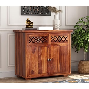solid sheesham wood wooden sideboard storage cabinet  ideal for living room and bedroom with 2 drawers and 2-shelf storage jackson walnut finish