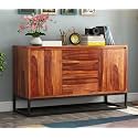 Solid Sheesham Wood Wooden Cabinet Sideboard with 3 Drawers and 2-Door Storage (Maisy, Honey Finish)