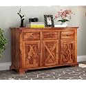 Solid Sheesham Wood Wooden Sideboard Storage Cabinet : Ideal for Living Room and Bedroom with 3 Drawers and 6-Shelf Storage (Miles, Honey Finish)