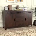 Solid Sheesham Wood Wooden Sideboard Storage Cabinet : Ideal for Living Room and Bedroom with 3 Drawers and 4-Shelf Storage (Leo, Walnut Finish)