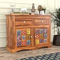 Solid Sheesham Wood Wooden Sideboard Storage Cabinet : Ideal for Living Room and Bedroom with 2 Drawers and 4-Shelf Storage (Charles, Honey Finish)