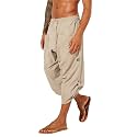 Gafeng Mens Linen Harem Capri Pants Drawstring 3/4 Shorts Casual Beach Yoga Hippie Thai Pants