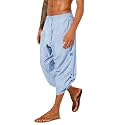 Gafeng Mens Linen Harem Capri Pants Drawstring 3/4 Shorts Casual Beach Yoga Hippie Thai Pants