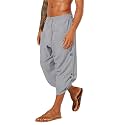 Gafeng Mens Linen Harem Capri Pants Drawstring 3/4 Shorts Casual Beach Yoga Hippie Thai Pants