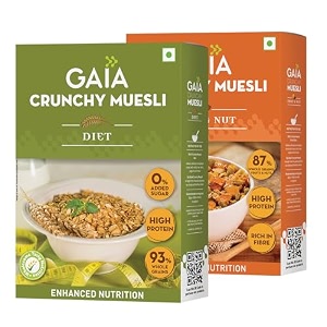 gaia crunchy muesli combo pack fruit and nut 400 gm  diet sugar free 400 gm high fiber no trans fat loaded with essential nutrients rich in protein no cholesterol helps in weight management light and wholesome breakfast choicesuper saver pack